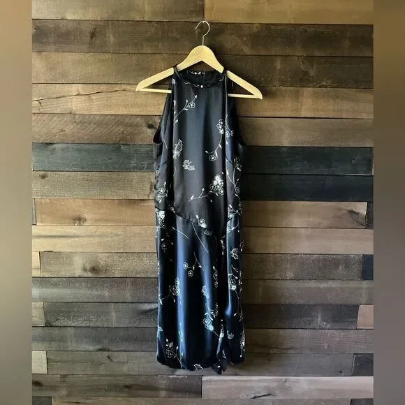 Vintage 90s Black Floral Butterfly High Neck Midi Dress - Picture 3 of 12